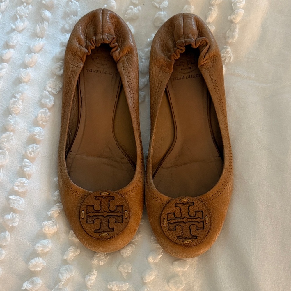 Tory Burch Reva Tumbled Leather (Tonal Logo) Size 7 Royal Tan